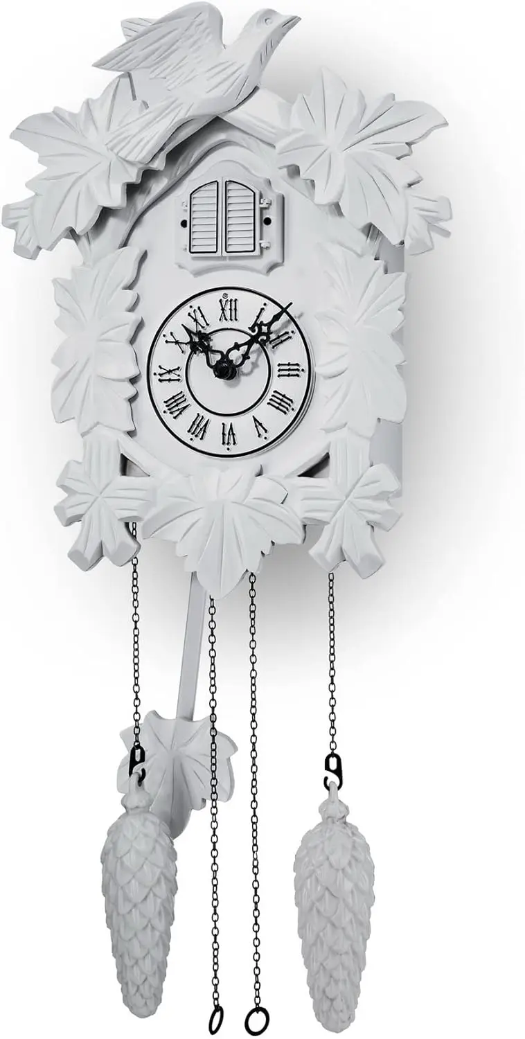 Cuckoo Clock with Night Mode, Hand Carved Decorations and Swinging Pendulum (White)