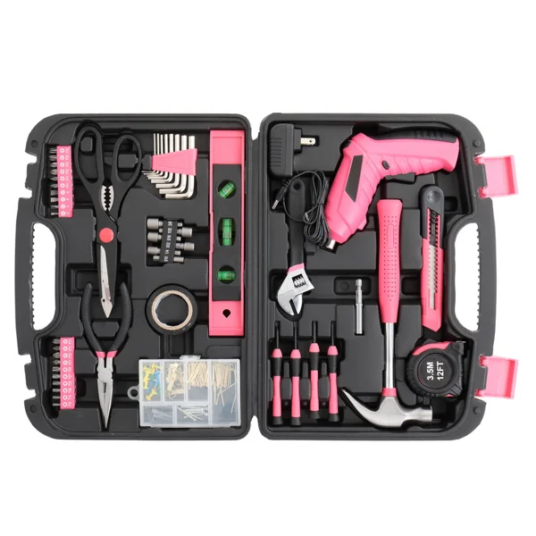 149PCS Pink Tool Kit with Electric Drill, Household Hand Tool Set with Metal Tools, Portable Home Repair Tool Kit for DIY Projects, Furniture Assembly, Home Maintenance and Everyday Repairs