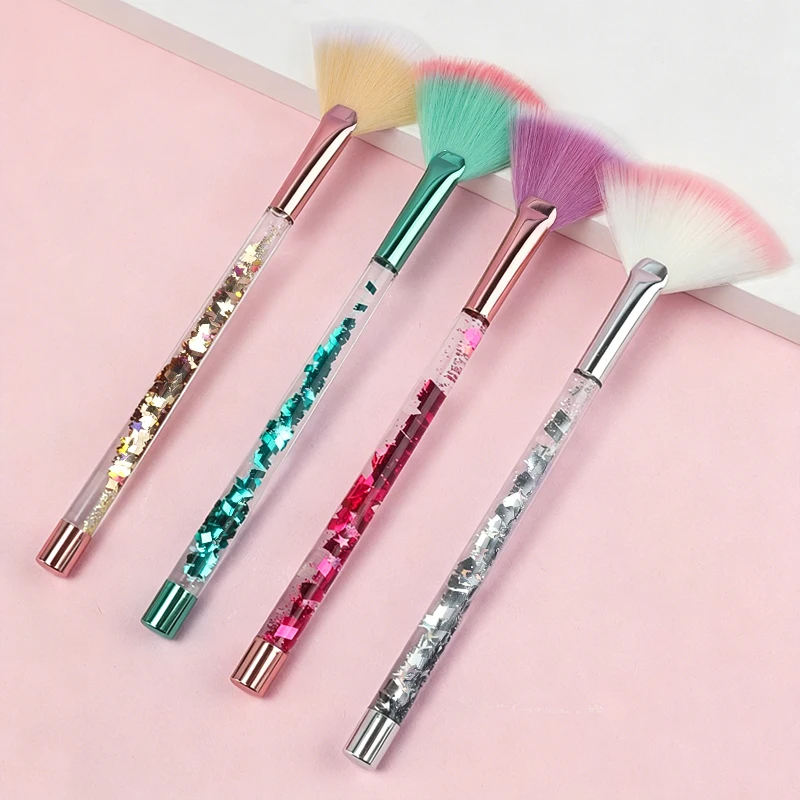 Transparent Quicksand Sequin Handle Fan Makeup Brush Soft Synthetic Bristle Highlighter Blush Powder Cosmetic Face Beauty Brush