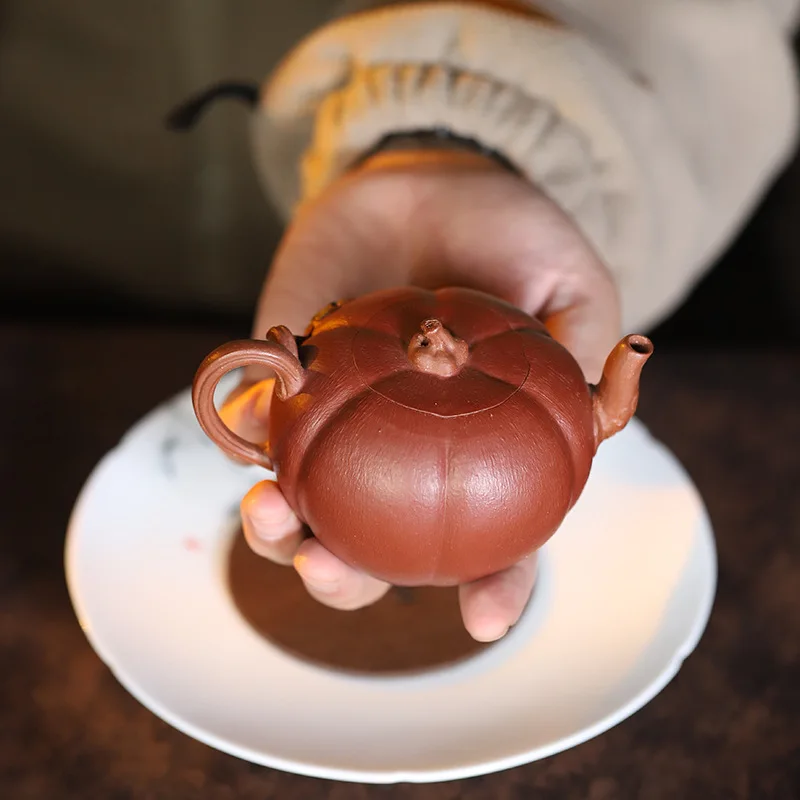 Yixing Pure Handmade Bionic Teapot Made From Huanglong Mountain Raw Clay Purple Clay Tea Set Pumpkin-Shaped Thin-Walled 210ML