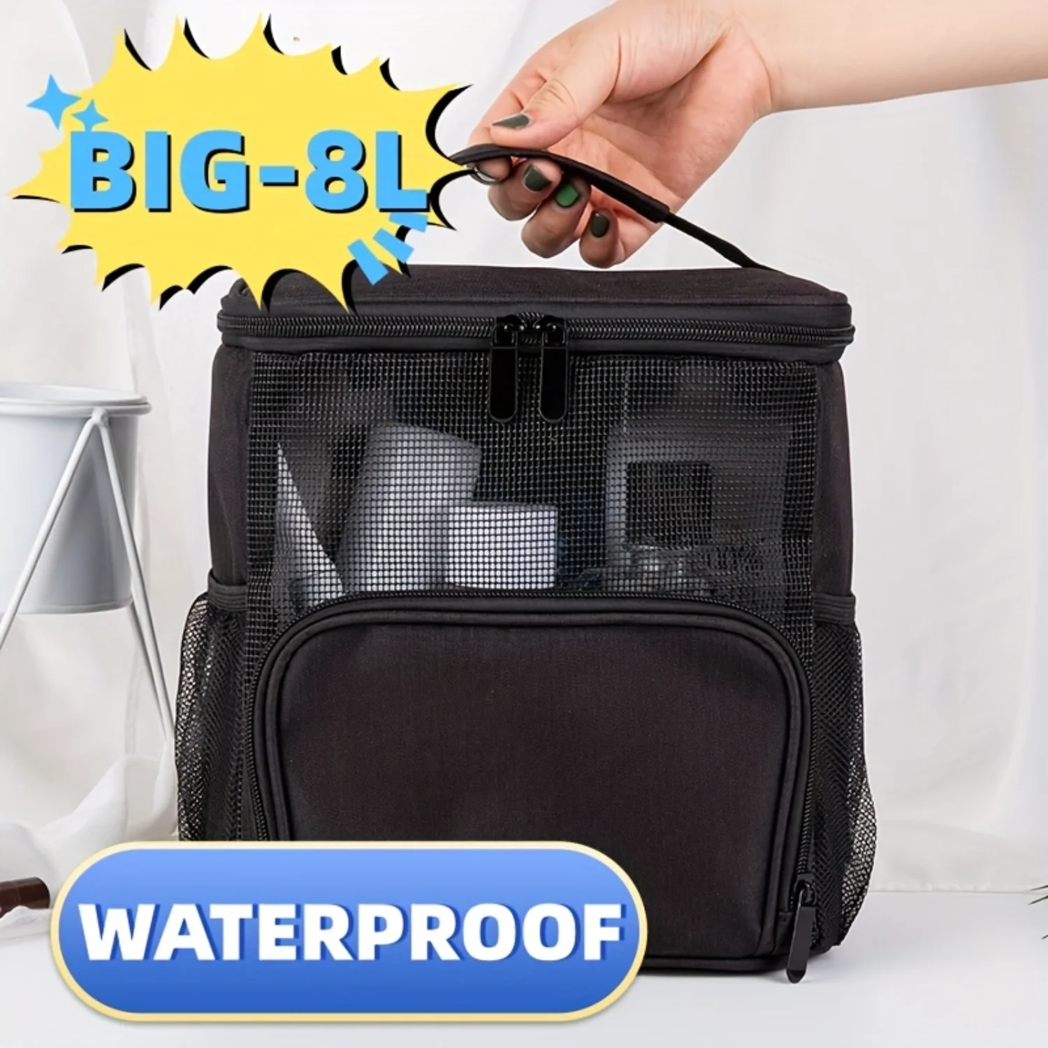 Bolsa de higiene portátil de grande capacidade com gancho de metal, bolsa de viagem, malha respirável, bolsa de higiene pessoal suspensa, bolsa de cosméticos