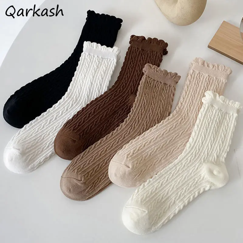 Socks Women Solid Color Streetwear Preppy Style Simple Edible Tree Fungus Cozy Fashion Design High Elasticity Spring Student New