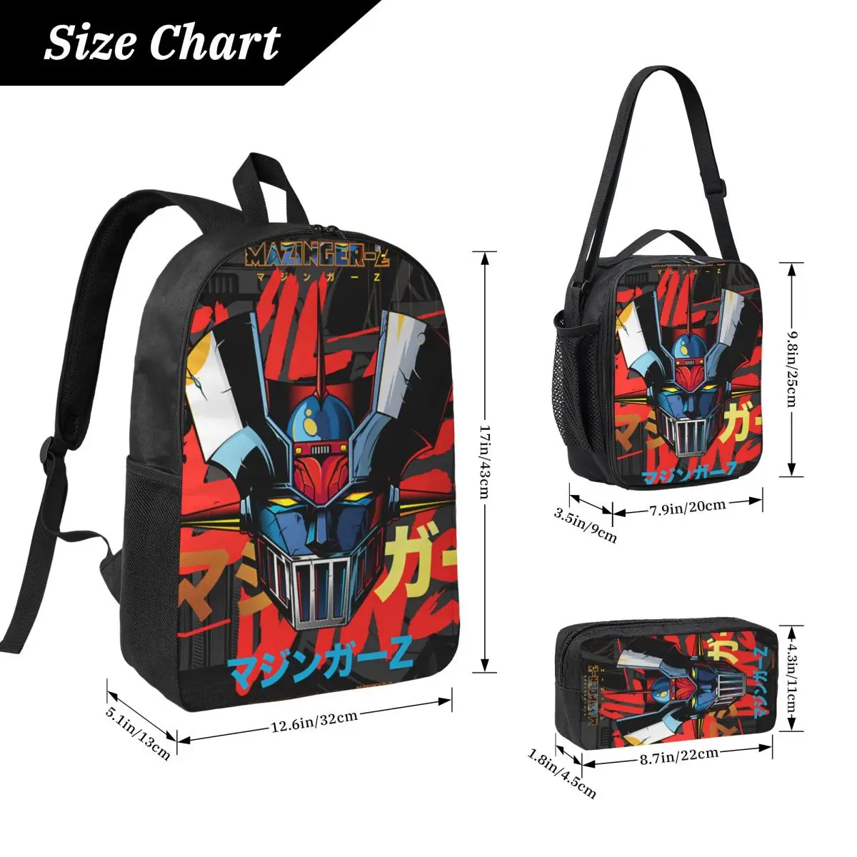 Mazingers Zaino per bambini Portapranzo Borse per penne per ragazzi Ragazze Zaini in età prescolare Set di zaini per libri