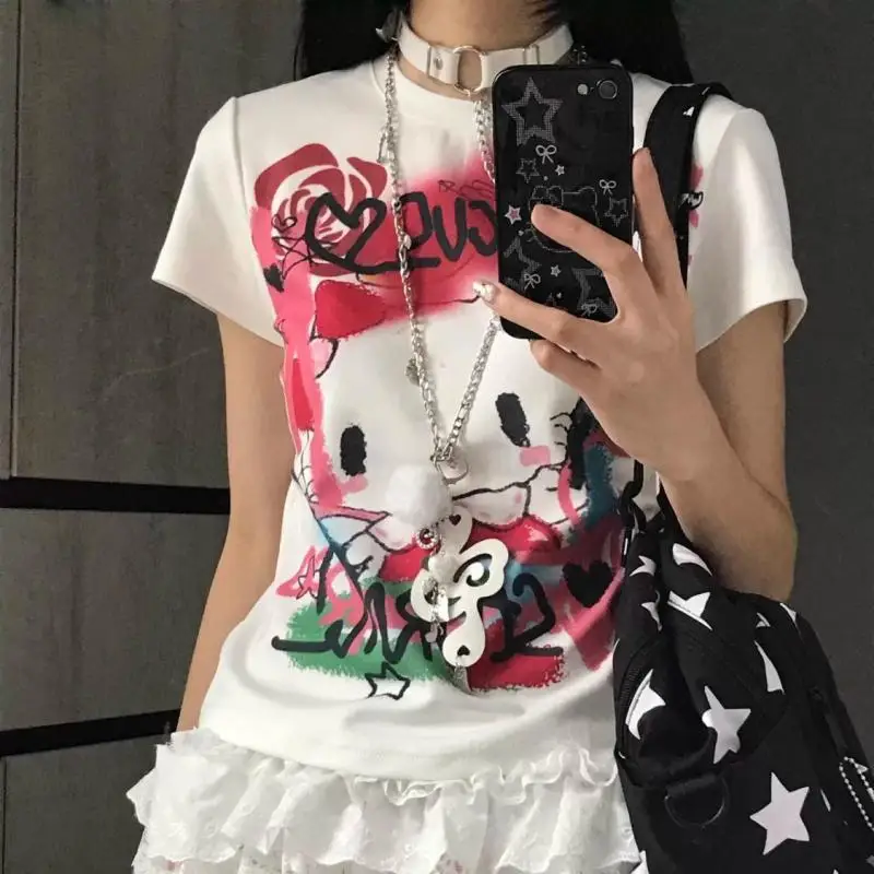 

Kawaii Hello Kitty Spicy Girl Cute Printed Short T Shirt Women Summer Pure Cotton Versatile Slim Fit Y2K Top Aesthetic Clothes