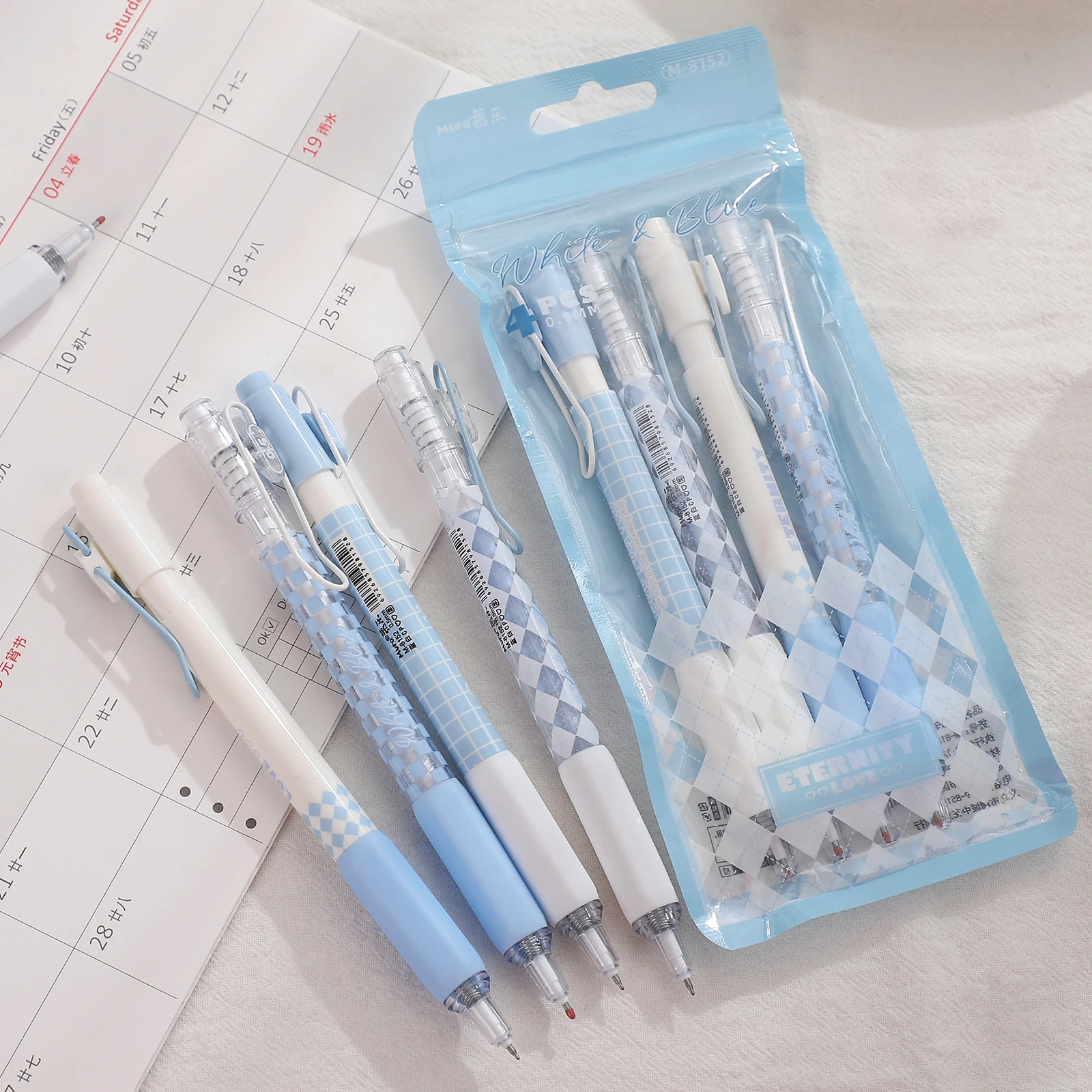 4 Pcs/set Blue and White CP Plaid Press Gel Pen Set smooth writing 0.5mm Black Ink Pen Creative DIY Student Supplies Stationery