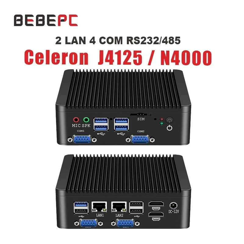 BEBEPC Industrial Mini PC Fanless Celeron J4125 Quad-Core N4000 2 LAN 4 COM Desktop Computer Windows 10 Pro Linux WIFI minipc