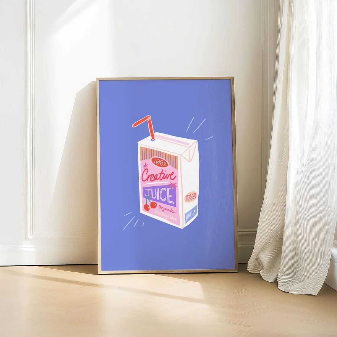 Cheerful Creative Juice Box Wall Art - Whimsical Print Celebrating Creativity & Joy. The Bright Periwinkle Backdrop and Cute Jui