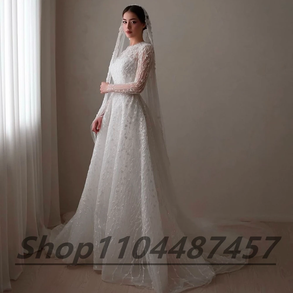 Customized White Tulle O-neck A-line Wedding Dress Draped Sweep Train Full Lace ILLUSION Sleeves Party Bride Gown