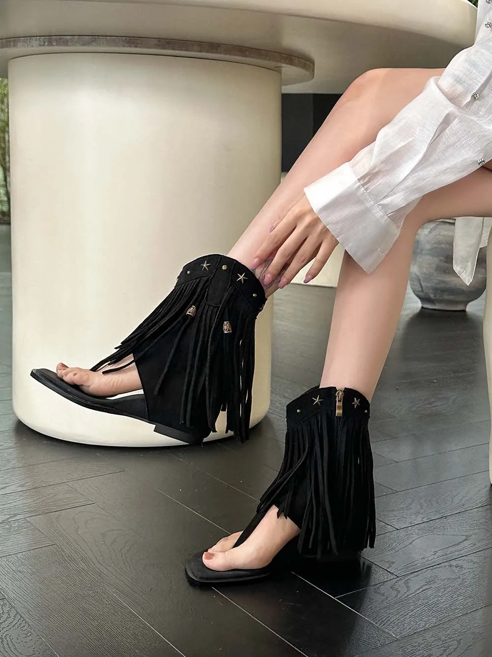 Clip Toe Women Sandals Boots Black Beige Brown Side Zipper Flat Mid Heels Retro Cut Summer Short Boots For Woman Size 35-39