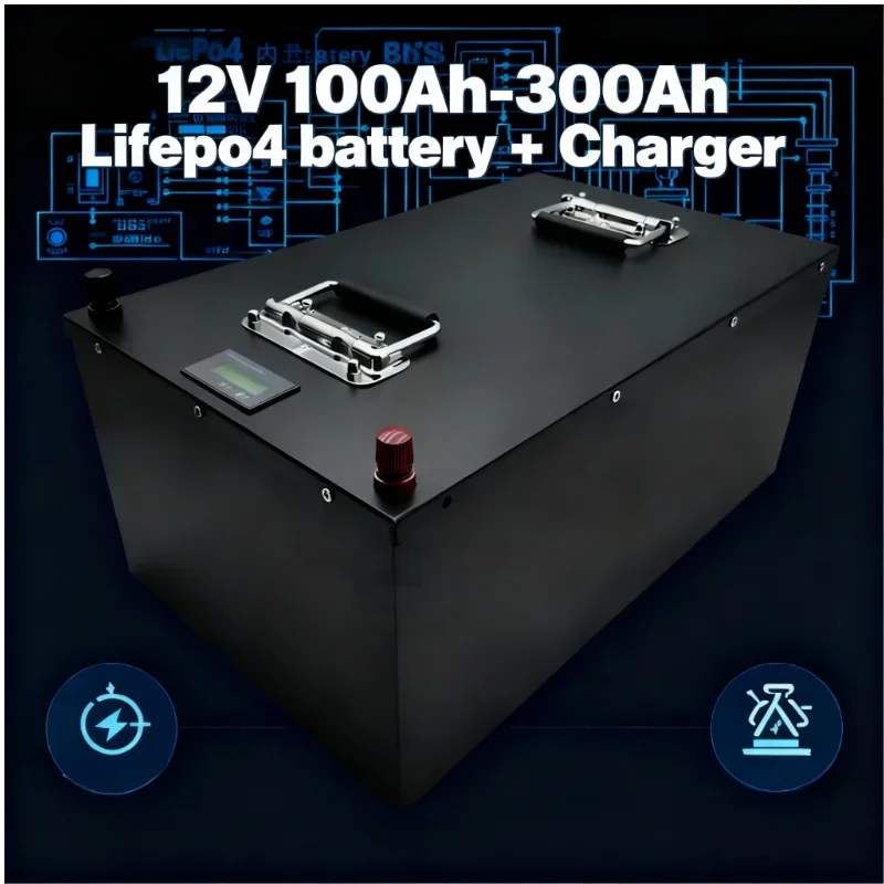 High-Capacity Lifepo4 12V 100AH-300AH Lithium Battery with BMS - For 1200W UPS Solar Panel Inverter RV Off-Grid System