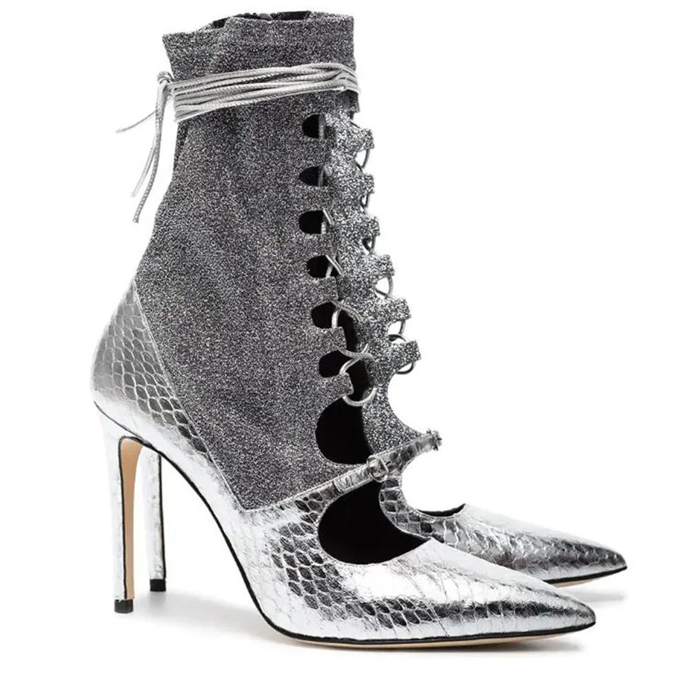 

Silver Short Ankle Boots Cut Outs Strappy High Heels Pumps Shoes Woman Buckle Botas Mujer Botines Para Pointed Toe Botte Femme