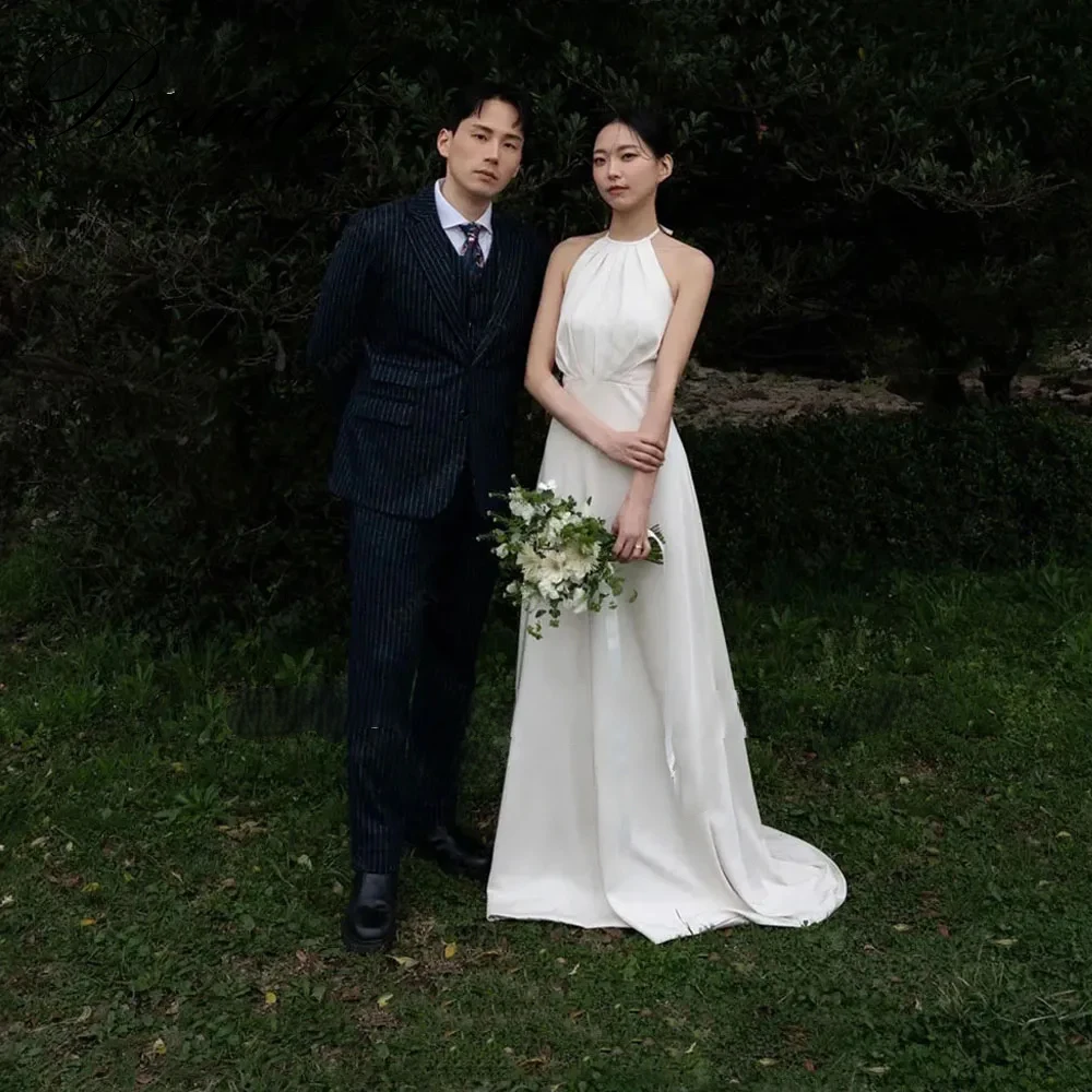

Bowith Halter Satin Woman Dress A-line Korea Wedding Dress Photo Shoot Simple Sleeveless Floor-Length Bridal Gowns Customized