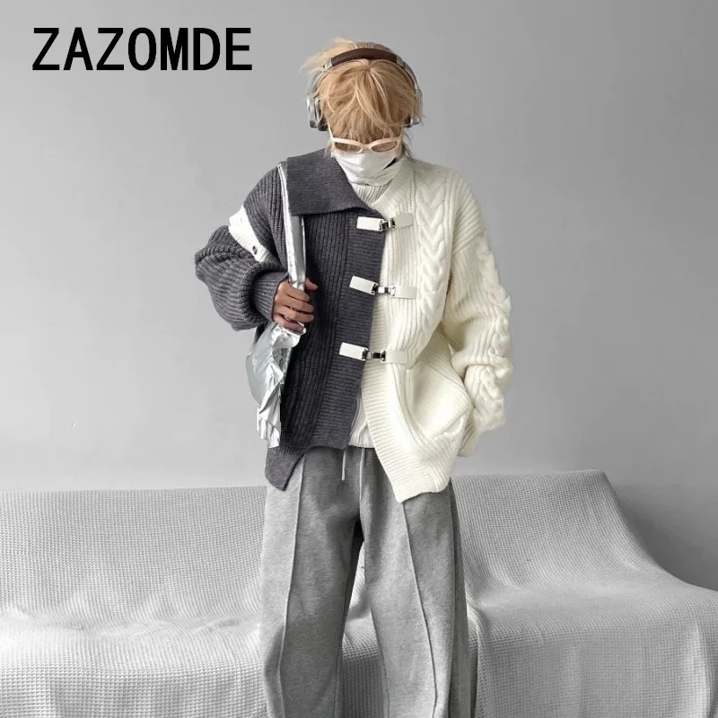 ZAZOMDE Fashion Knitted Top Long Sleeve Sweaters Loose Splicing Design Cardigan Metal Button Knitted Coats Trendy Male Knitwears