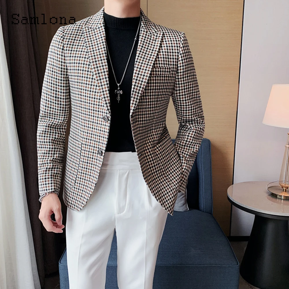

2025 Europe Style Fashion Houndstooth Suits Jacket Men Basic Coats Lepal Collar Stand Pockets Basic Tops Mens Slim Outerwear New