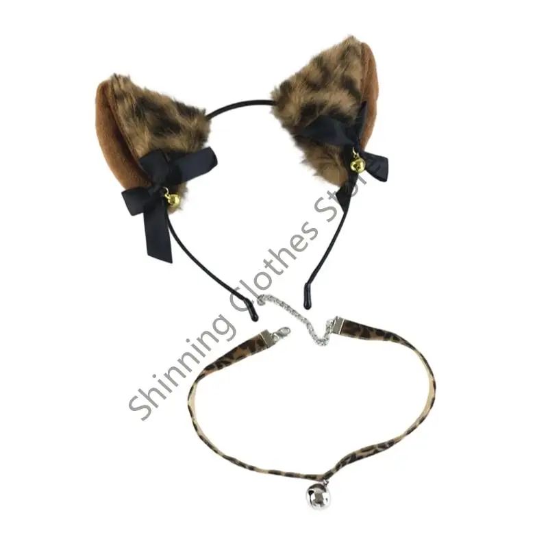 M68A 2Pcs Cats Costume Accessories Faux Furs Cats Ears Headband and Choker Necklace for Halloween Dressing Up,Cosplay,Parties