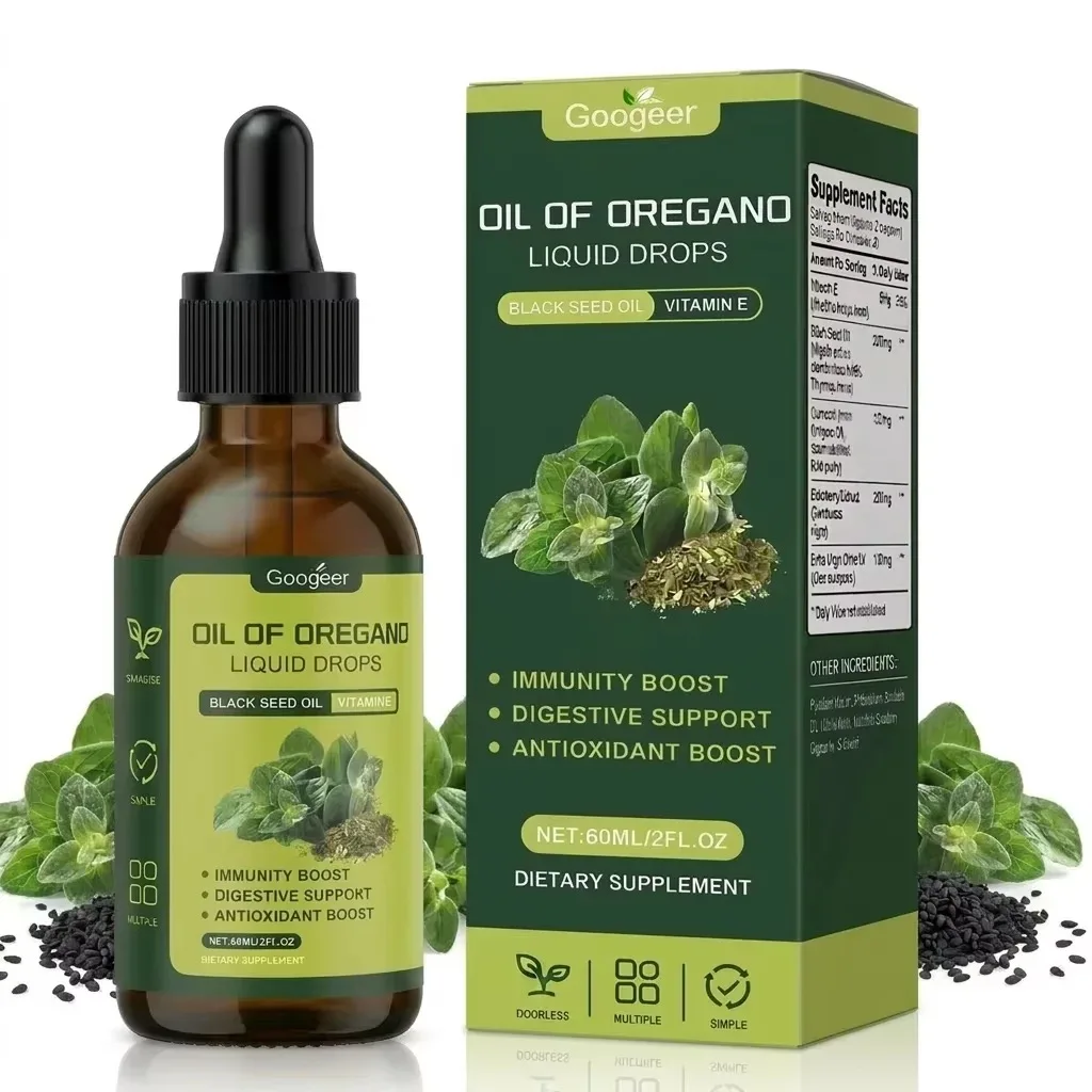 Oil of Oregano Liquid Drops with Black Seed Oil Vitamin E Dietary Supplement for Immunity Boost Digestive Support Herbal Extract