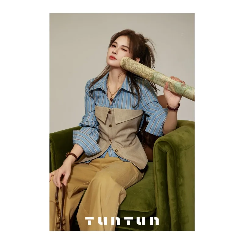 Women's Clothing Early Autumn Retro Girdle Stitching Vertical Pattern Long-sleeved Cardigan Shirt