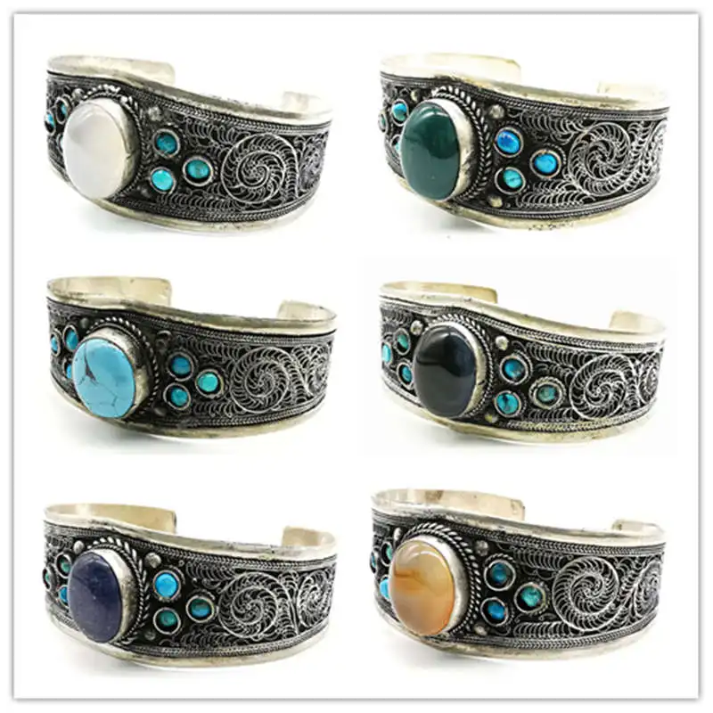 Tibetan Jewelry Copper Inlay Natural Stone Bead Wide Open Cuff Multi Stones 2024 Fashion Trend BB-019