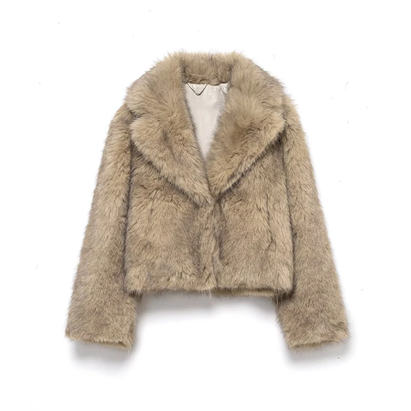 Lapel Collar Cropped Fluffy Coat, Chic Warm Faux Fur Outerwear for Cold Days Women's Vintage Beige Faux Fur Jacket