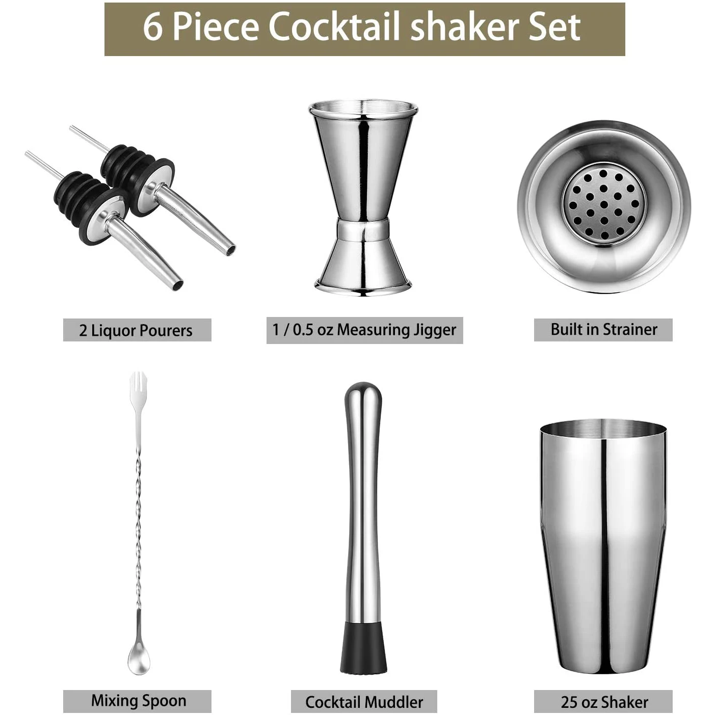 

ZZ-6 Pieces/Set Cocktail Shaker, 25 Oz Martini Shaker, Stainless Steel Drink Shaker, Bar Set, Bartender Kit Home Bar Tools