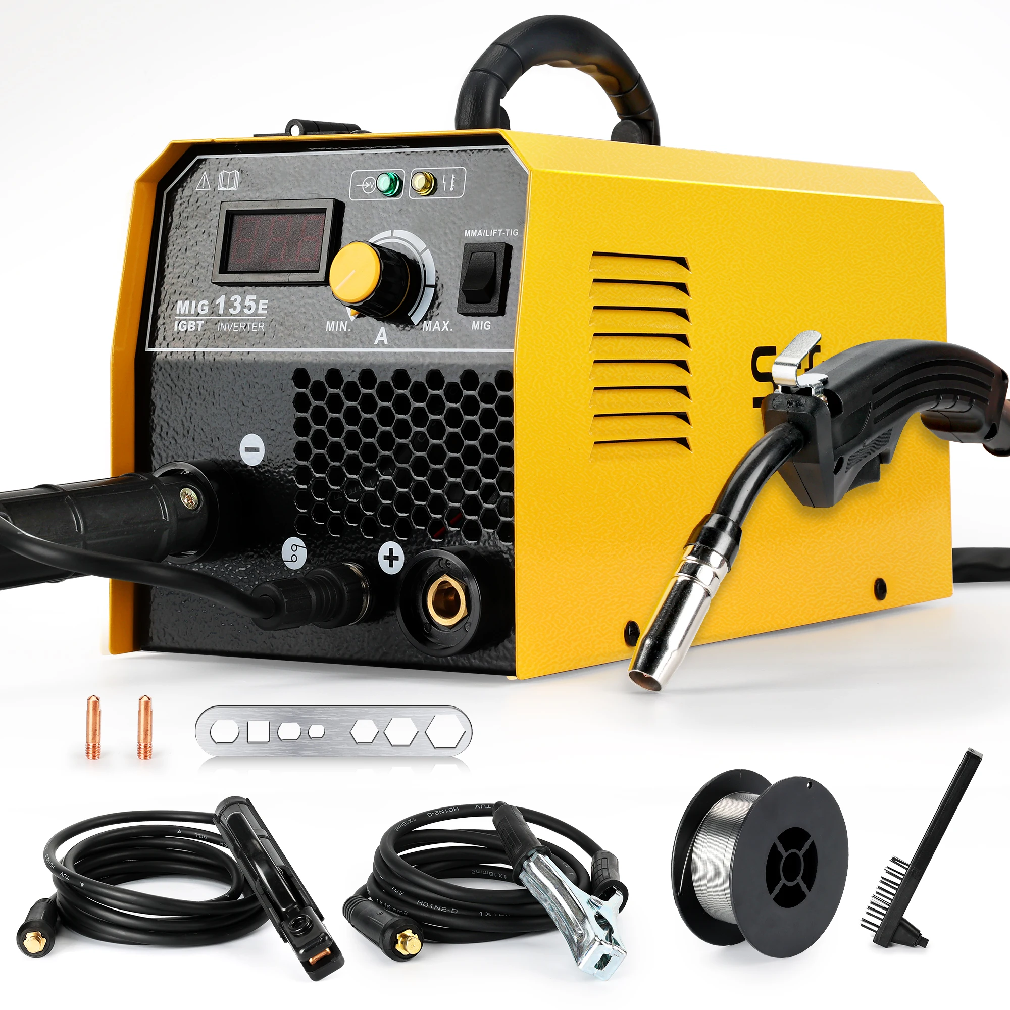 

MIG Welder 135E 3-in-1 Flux Core Welder MIG/Lift TIG/Stick Welding Machine 110v with Synergic Control IGBT Inverter