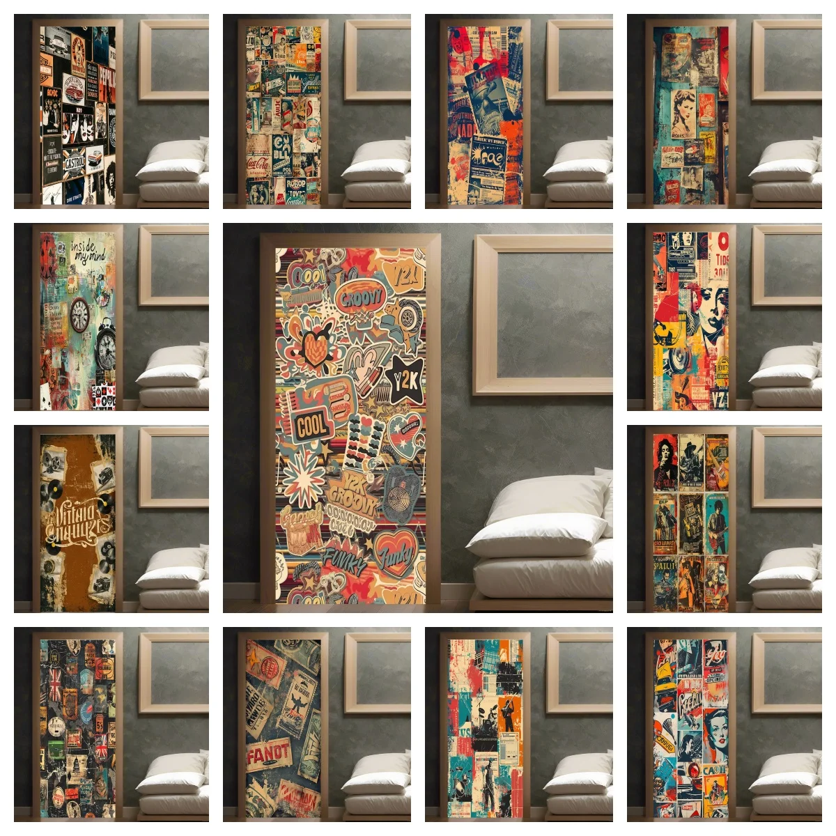 Retro Vintage Billboard Collage Door Decal Full Door Covered Wallpaper Self-adhesive Sticker for Wall Decals Home Decoration