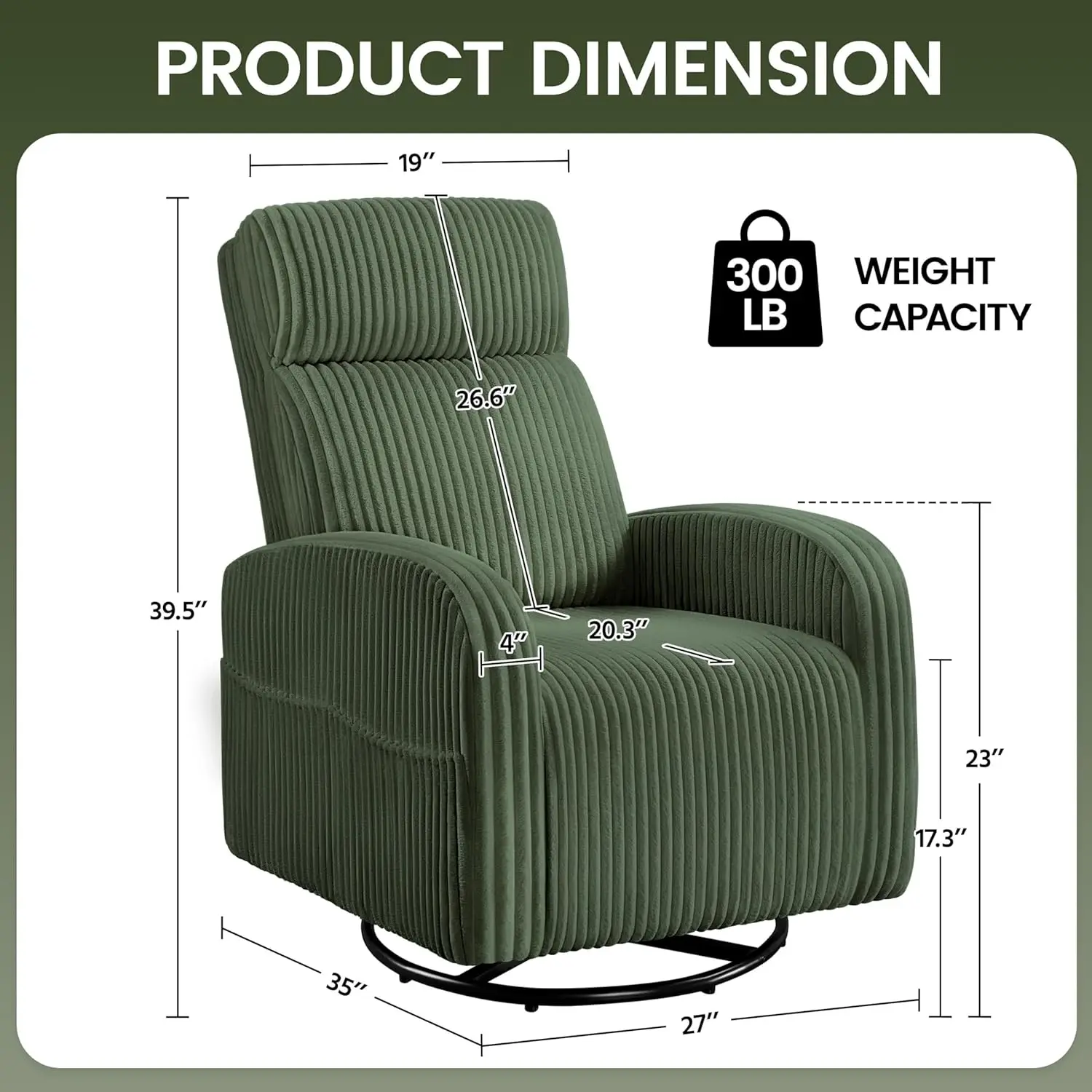 360 ° Silla giratoriaGliderChair NurseryRockingChair Silla de enfermería Bolsillos laterales Pana Sala de estar Respaldo alto Verde oscuro