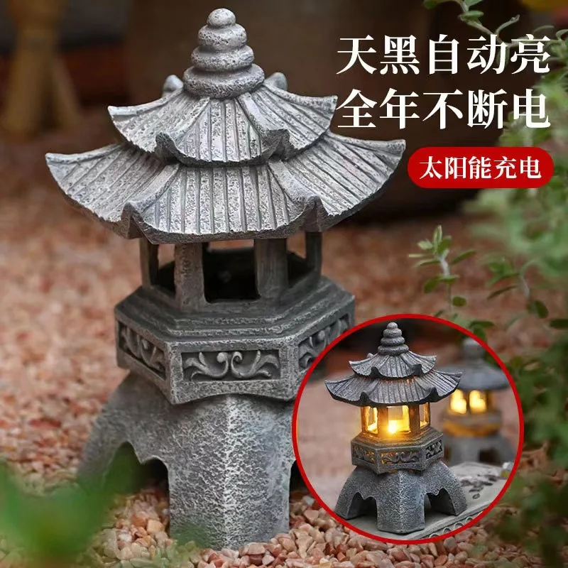 Decoration Zen Ornaments Solar Powered Tower Garden Statue Palace Lanterns Chinese Solar Lamp Stone Courtyard Pagoda Lantern