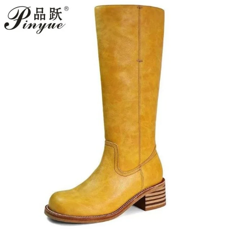 

35-46 Large Size Retro Women's Shoes Square Heel Square Head Fashion Knee-High Boots Women Fashion Wide Tube Solid Cowboy Boots