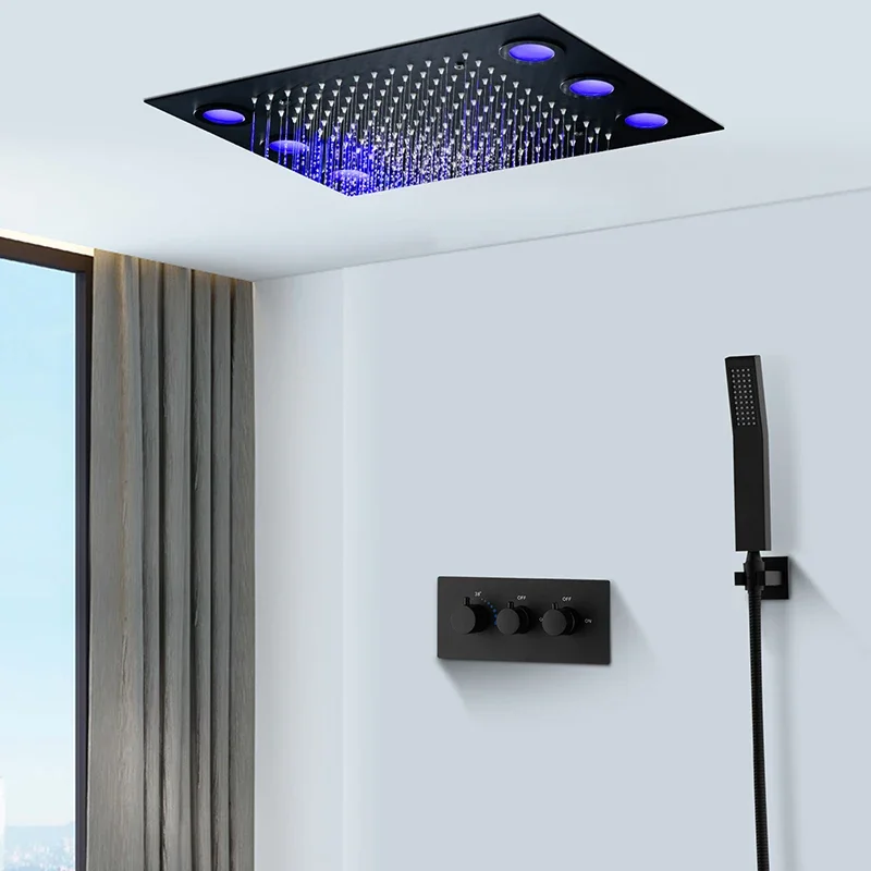 Newest Bathroom Ceiling Matt Black Shower Accessories Thermostatic Rain Led Black Shower Faucet Set