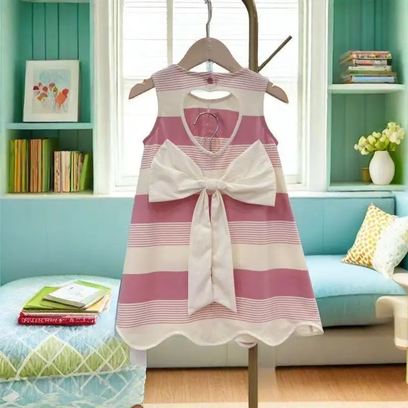 2025 Children's Hollow Bow Striped Campus Style Summer Korean Version Girls A-line Fashionable Dress
