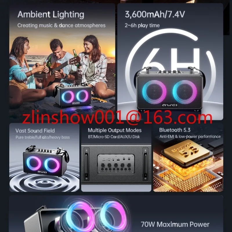 

70W Hi-Fi Surround Sound for Bluetooth Speaker Dual Driver RGB LED Lighting for Party Beach Camping Computer Mobile
