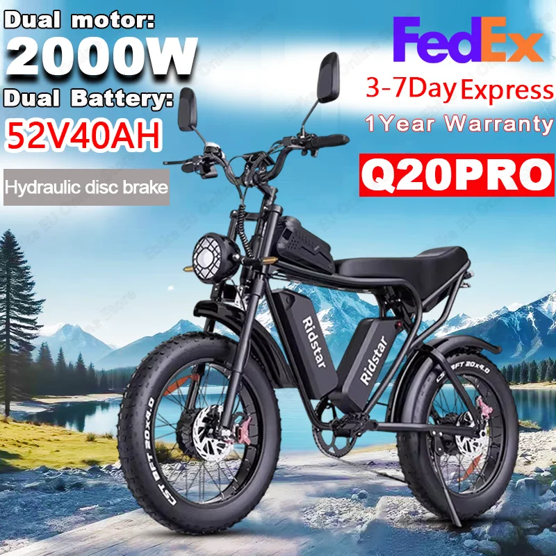 

Электрический велосипед Ridstar Q20PRO, дуэльный двигатель 2000 Вт, 52 В, 40 Ач, двойной аккумулятор, электронный велосипед, гидравлический дисковый тормоз, 20-дюймовый электрический велосипед с толстыми шинами