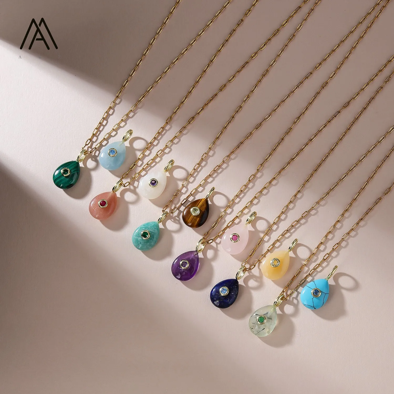 Simple 12 Month Birth Stone Teardrop Natural Stone Small Pendant Necklace 316L Stainless Steel 18K Gold Plated Decoration