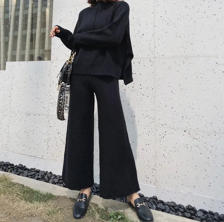 Autumn Winter 2 Piece Set Women Thick Knitted Warm O-Neck Knit Pullovers Long Sleeve Tops Side Slit Casual Warm Pant Sets