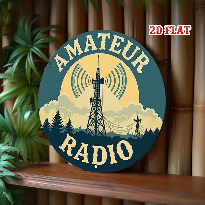 قطعة واحدة من ديكور الحائط لراديو الهواة العتيق - لافتة محطة راديو هام الرجعية مع برج وهوائي ونص راديو AMATEUR - أزرق مخضر وبني Retr