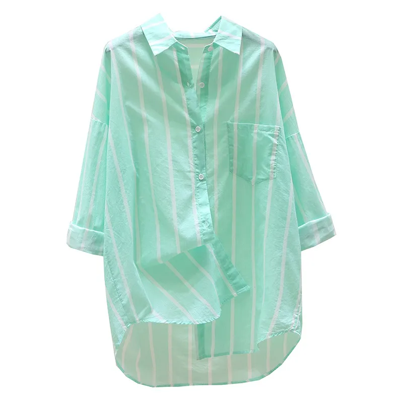 Women\'s 2024 New Summer Shirts Vertical Striped Sunscreen Shirt Spring Loose Casual Yellow Green MidLlength Shirt Top Female