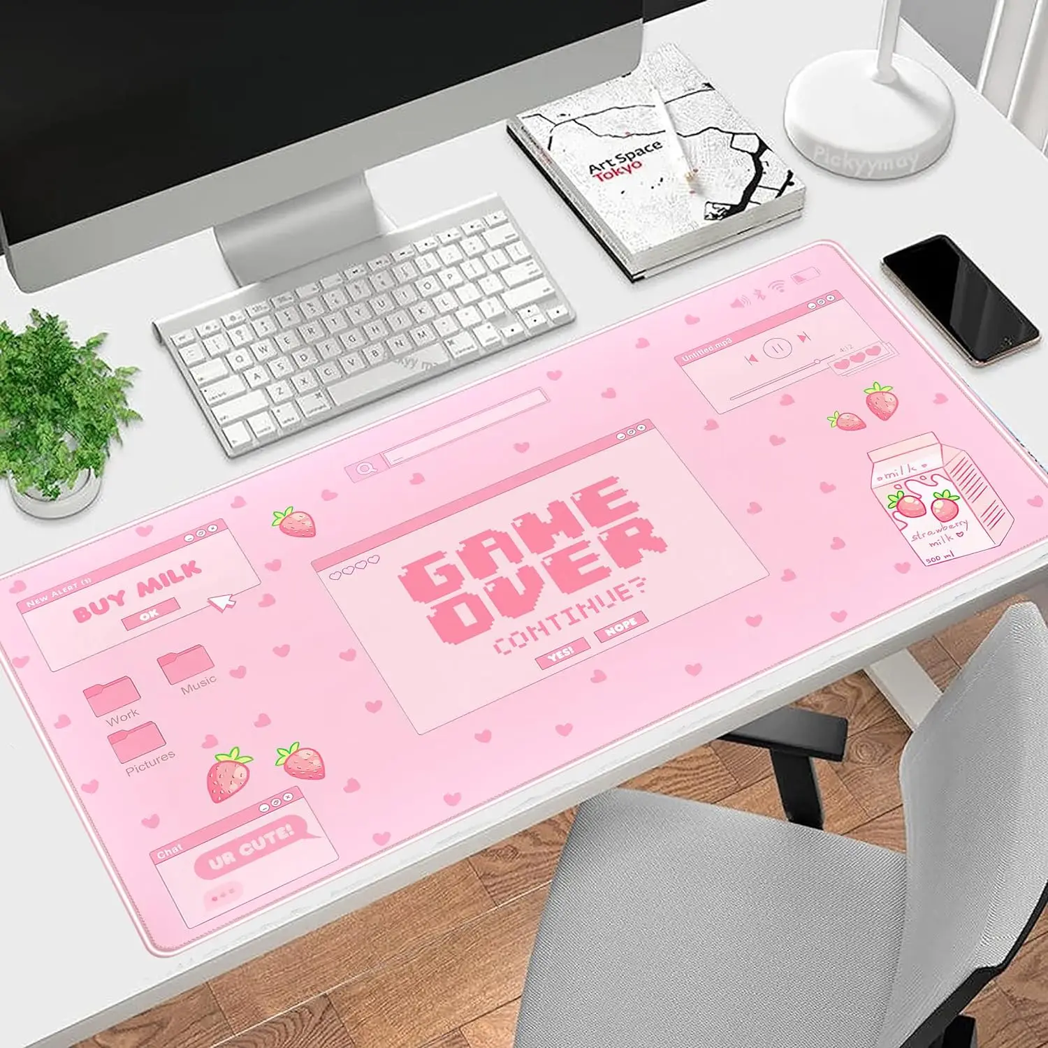 Imagem -03 - Bonito Kawaii Pink Gaming Desk Pad Grandes Estéticas para Teclado Portátil para Mulheres e Meninas Xxl Morango Leite Mousepad 31.5x11.8