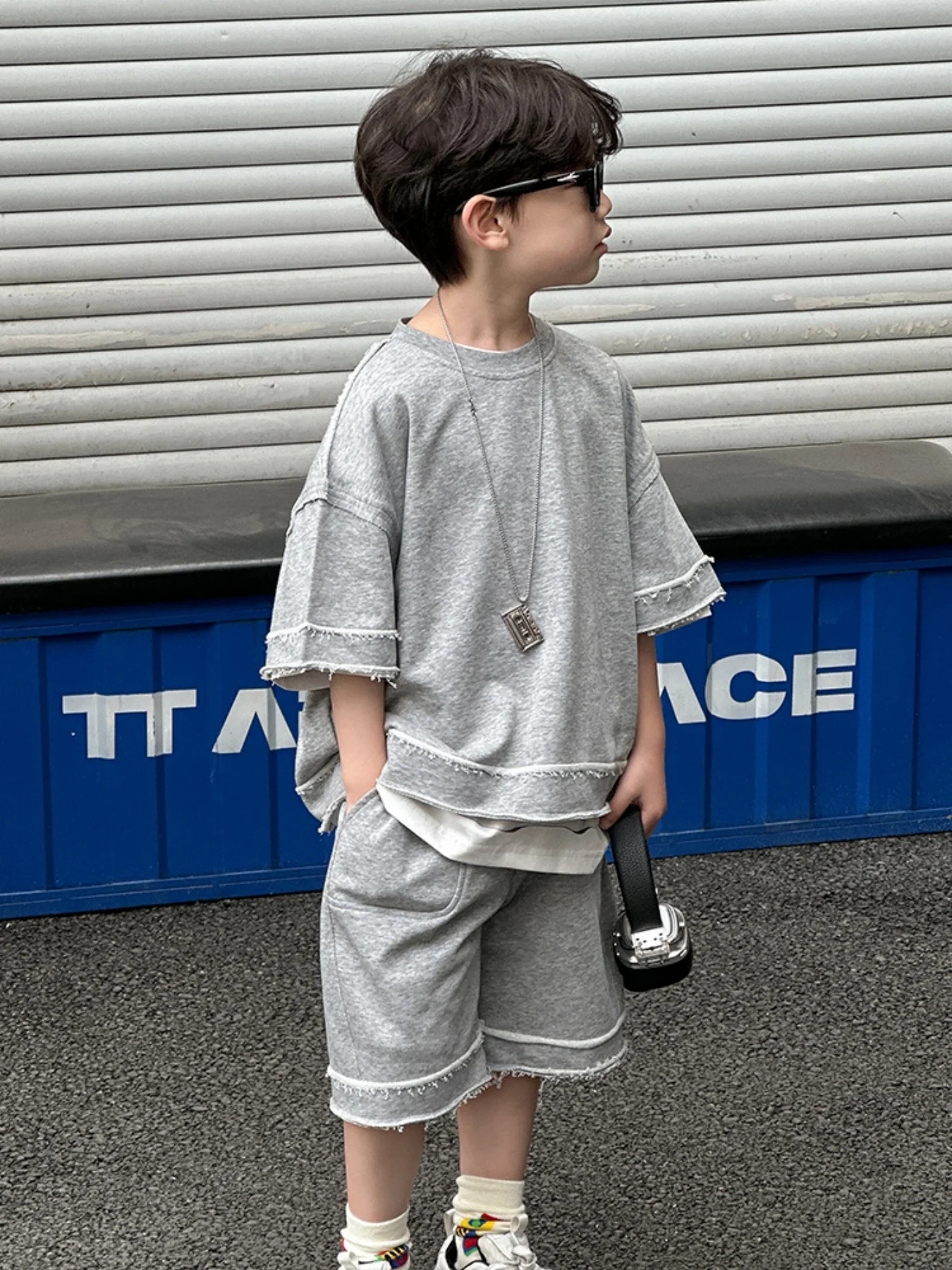 Boys 2Pcs Summer Outfit Set, Gray Frayed Edge Short Sleeve T-Shirt and Shorts, Kids Streetwear Casual Loose Fit Cotton Tracksuit