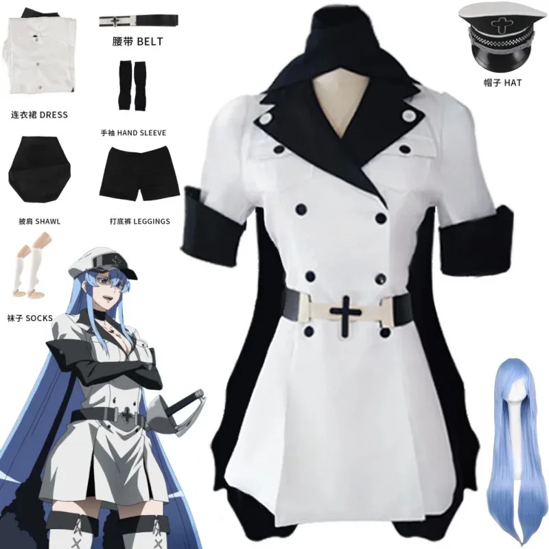 أزياء أنيمي Akame Ga KILL Esdeath التأثيرية مع قبعة الجوارب ملابس شعر مستعار للنساء مجموعة كاملة من Esdeath Empire ملابس عامة للحفلات