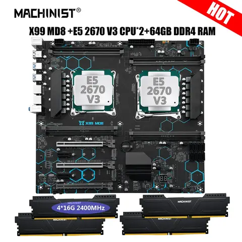 MACHINIST X99 MD8 Dual CPU Motherboard Combo LGA. 2011-3 Xeon Kit E5 2670 V3 Processor NVME M.2 DDR4 16*4=64G RAM 2400MHz USB3.0