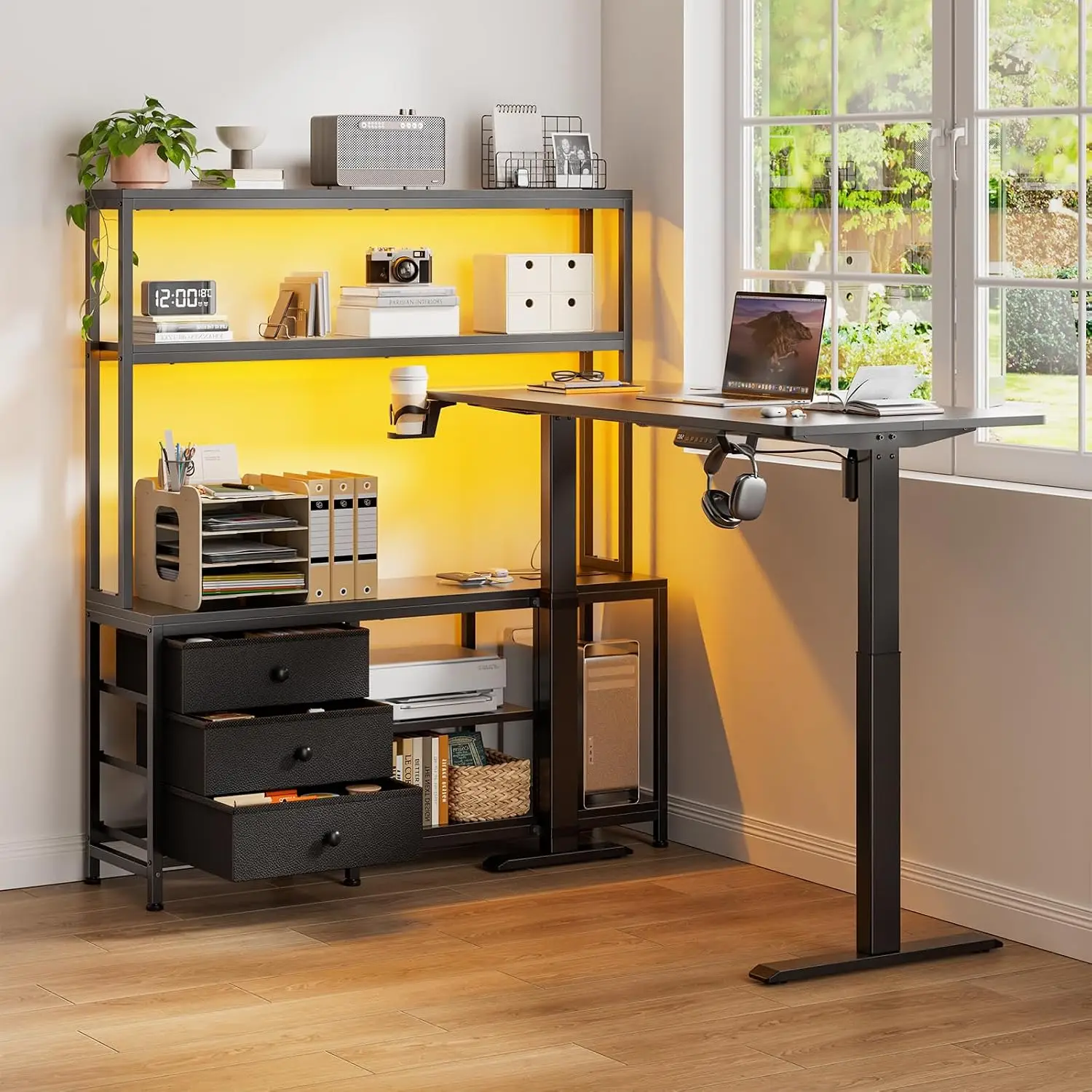 L Shaped Standing Desk 65Inch Drawers Hutch Charging Station RGB LED Reversible File Cabinet Home Office Dual Motor, Customized