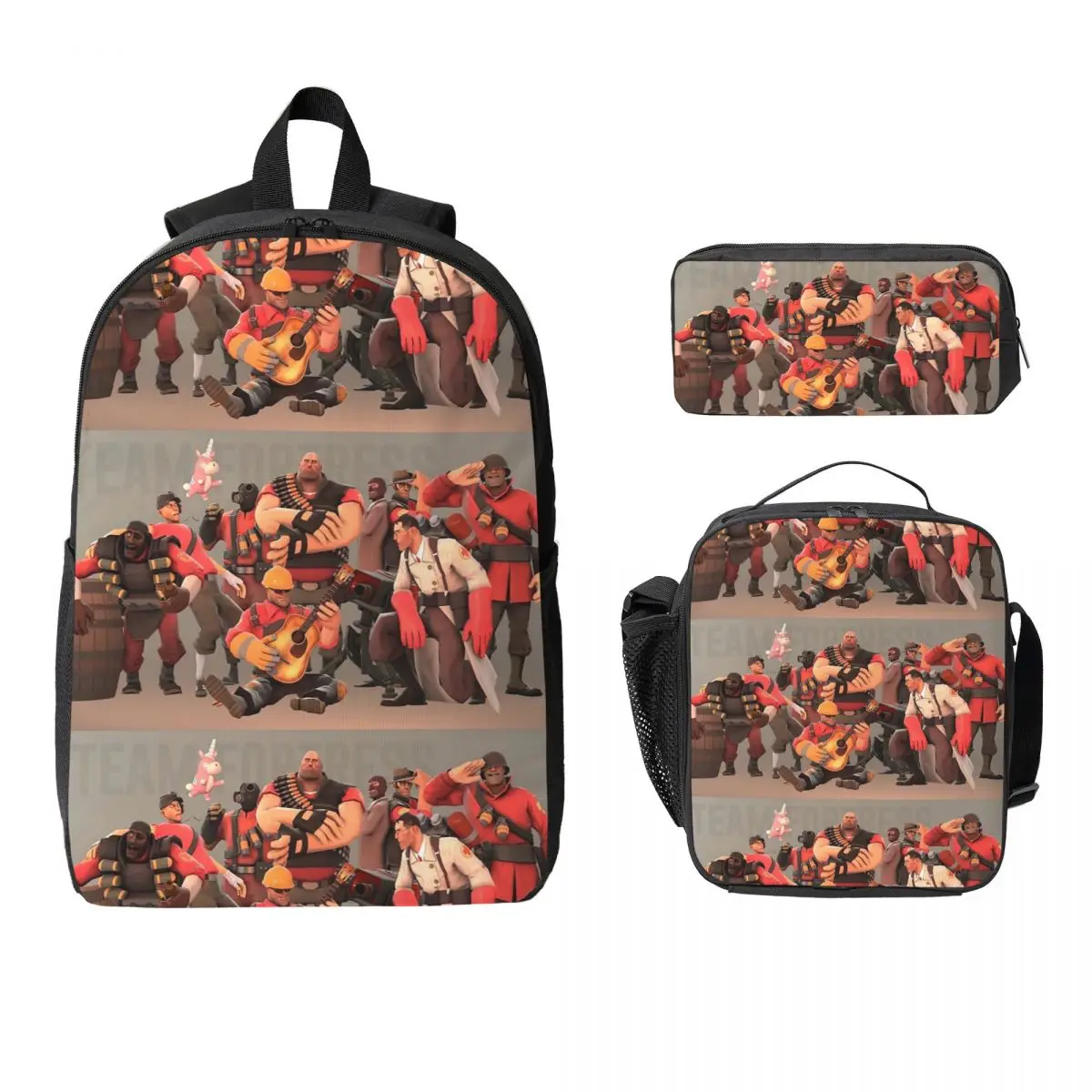 Team Fortress 2 Guitar Backpack Student Boys Girls BookBag School Bag Laptop Shoulder Bags 3ps Insulated Lunch Bag Pencil Case
