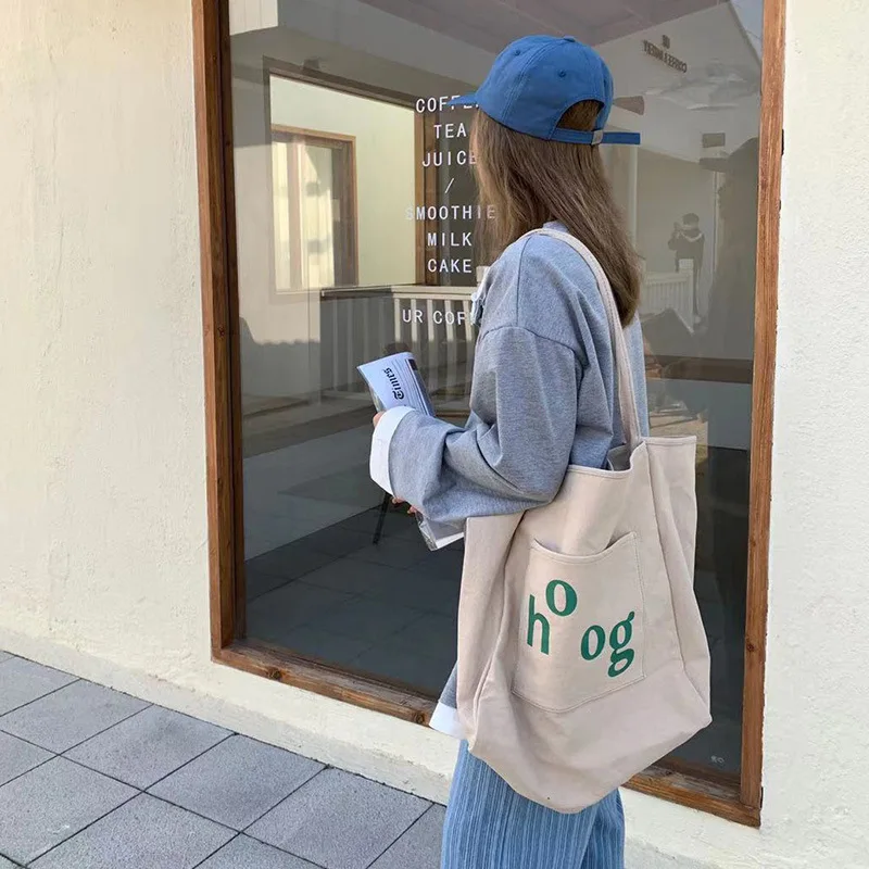 Canvas Simple Tote Bag Women Large Capacity Shopper Bag 2022 Ladies Shoulder Portable Fashion INS Letter Print Designer Handbags