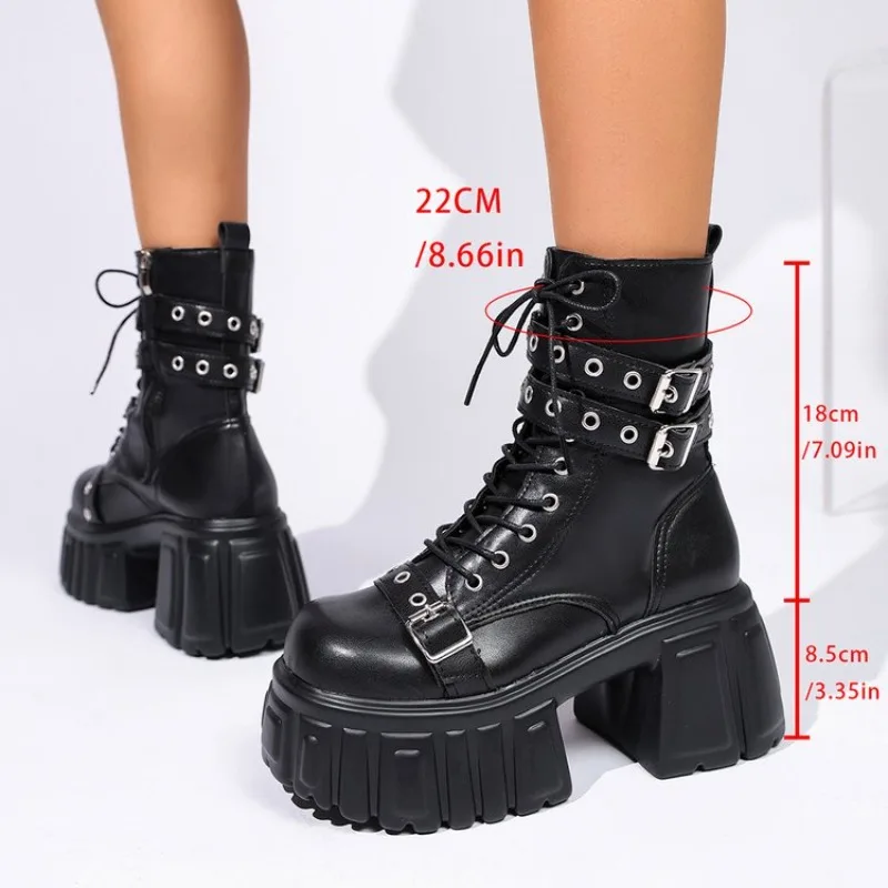 Women's Thick-soled Boots Autumn and Winter  High-heeled Front Lace-up Platform Biker Ankle Boots