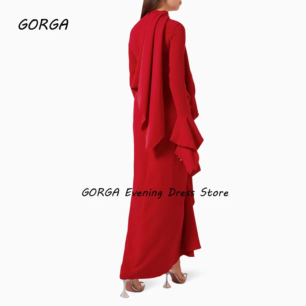 GORGA Simple Red O-Neck With Shawl Pleat Mermaid 2024 Slim Crepe Long Sleeve Ocassion Gown Floor-Length Formal Evening Dress