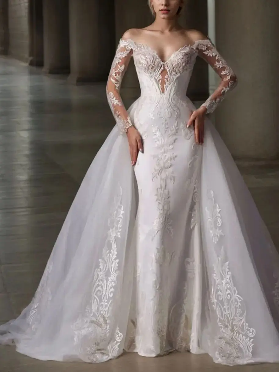 

Romance Luxury Mermaid Wedding Dress Off Shoulder Long Sleeve Satin Tulle Appliques Court Train Bridal Gown 2025 Free Customized