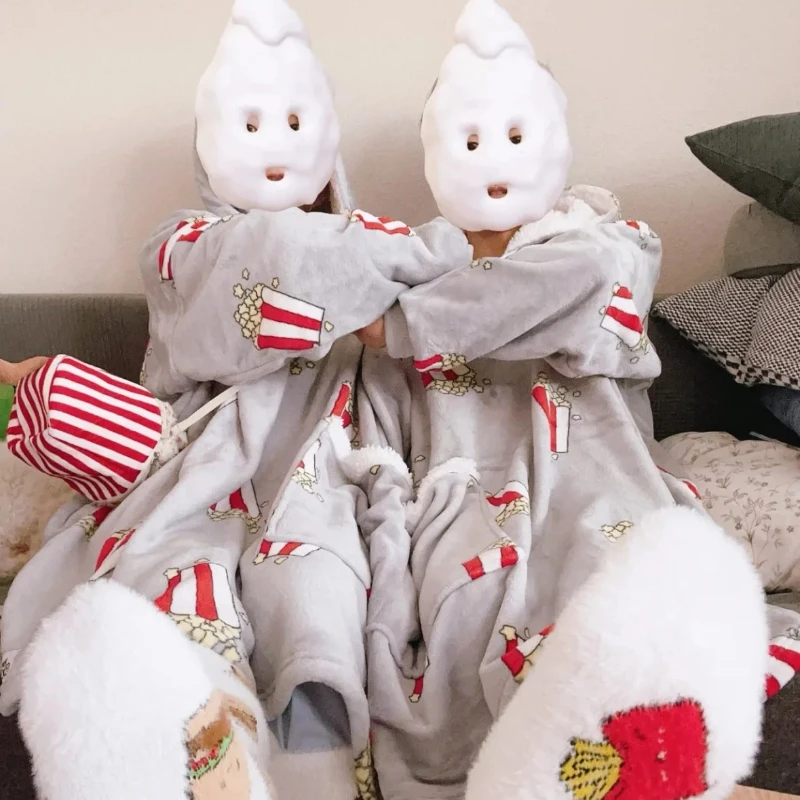 Nuovi amanti Doppio Snuddie Popcorn Coppia Pigiama Autunno Inverno Peluche Coperta con cappuccio Taglia unica per adulti