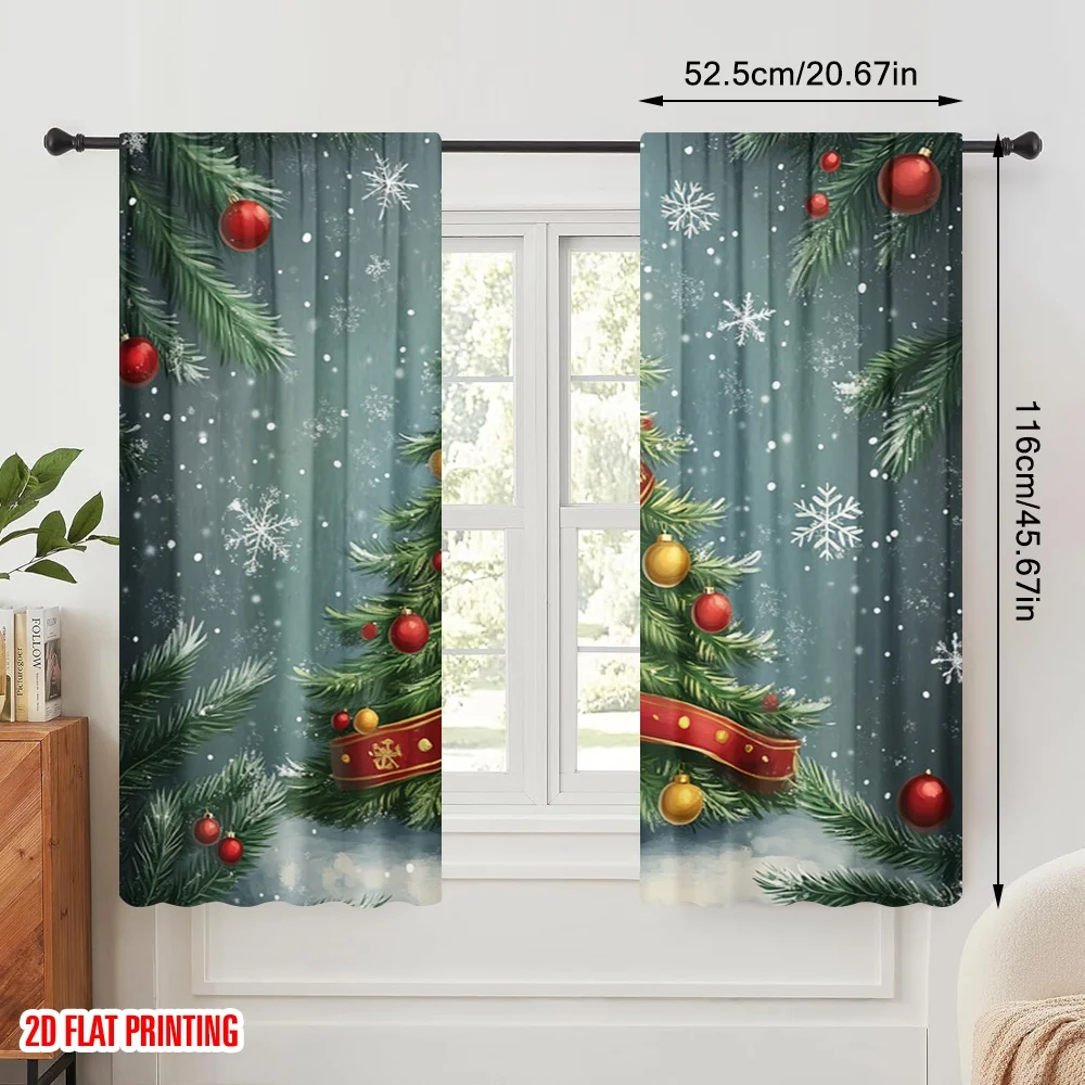 2pcs,2D plane printing Contemporary Curtains Christmas Tree Snow Ornaments_a Versatile Polyester Fabric (without rod) Room Decor