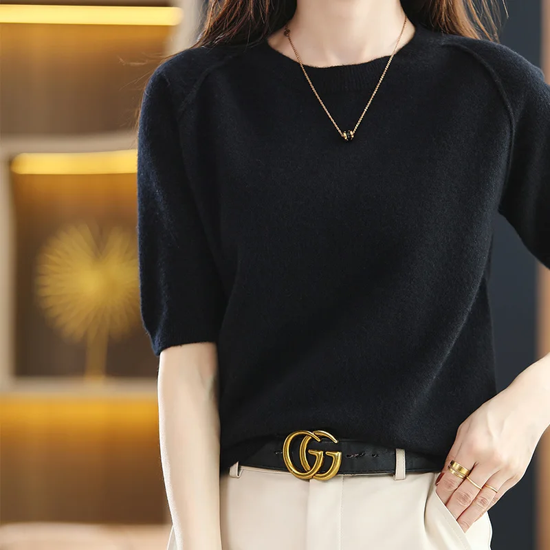 Spring New 100%Pure Wool T-Shirt Ladies Round Neck Knit Short Sleeve Loose Cashmere Sweater Summer Wild Knit Pullover Base Tops